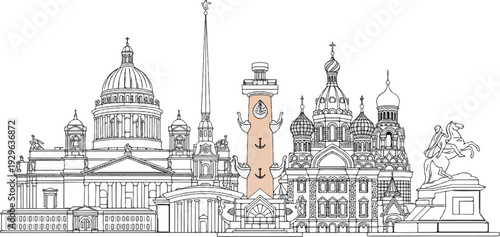 Diverse architectural styles showcase historical city skyline with domes and a rider