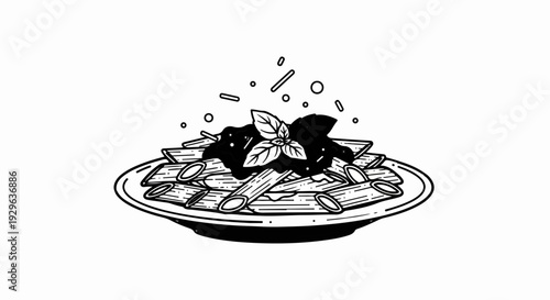 Penne pasta with rich sauce and fresh basil garnish, garnished with parmesan