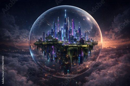 Futuristic sci-fi city with neon lights enclosed in a giant floating glass sphere at night.