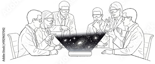 Scientists in a meeting analyze a holographic projection of galaxies