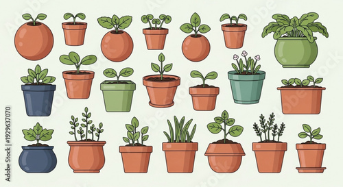 Variety of potted plants and seedlings in different pots