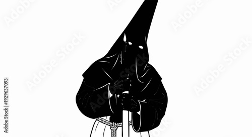 Mysterious hooded figure holds a sword in a dramatic pose