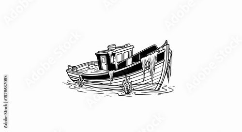 Abandoned, decaying fishing boat half-submerged in murky water