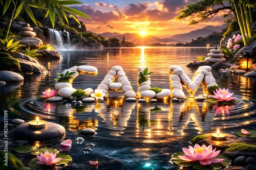 3D typography of the word CALM made of golden letters floating on a peaceful lake during sunset.
