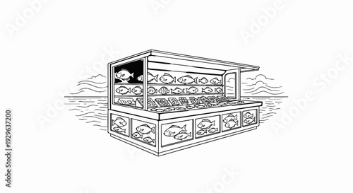 An outdoor fish market display showcases an assortment of seafood with a stylized water background