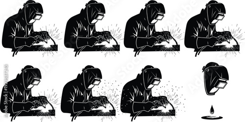 Welder worker silhouette set, industrial welding process with sparks and protective helmet illustration isolated on white background