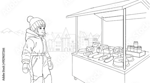 A child in winter attire looks at a food stall displaying cheese and jars