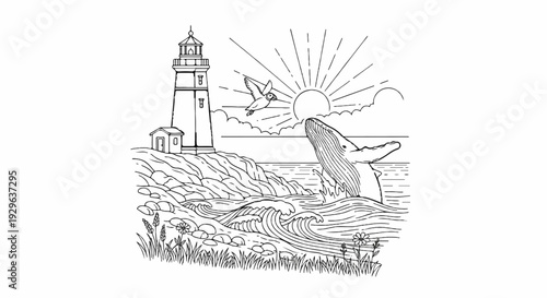 A lighthouse overlooks a rocky shore with a whale breaching and a bird flying