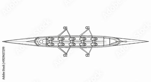 Top view sketch of an eight-person racing shell with oars