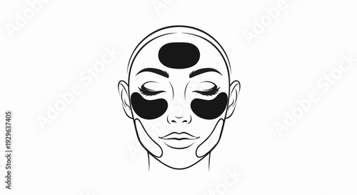 Line art illustration of a face with closed eyes and skin treatment patches