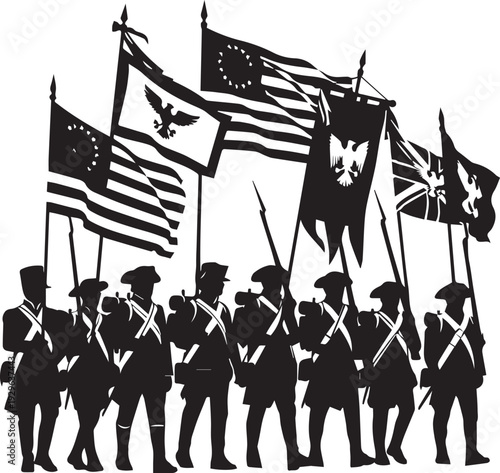 Continental army infantry marching with flags vector line art silhouette illustration clip