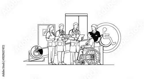 Medical team consults with a patient in a wheelchair, discussing care