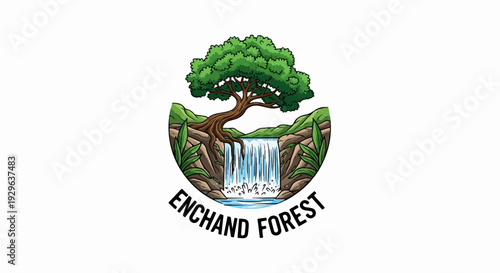 Lush green tree overhangs a cascading waterfall in a picturesque landscape