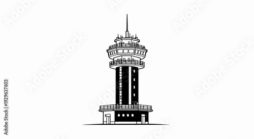 A tall, multi-tiered control tower with a rounded, glass-enclosed observation deck