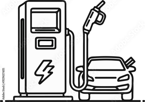 Line art illustration of an electric car charging station connected to a vehicle