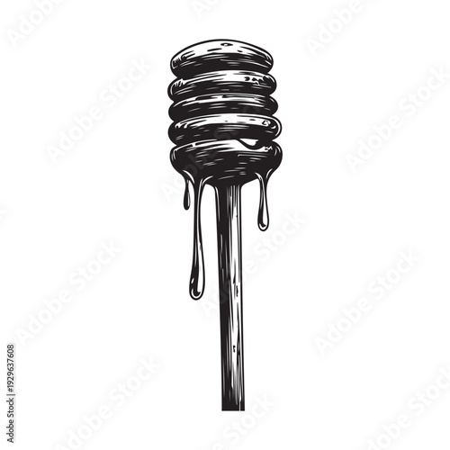 a honey dipper dripping sweet golden syrup into a pool below 