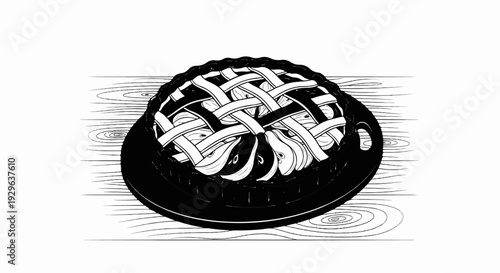 A black and white illustration of a lattice-top pie filled with sliced pears on a wooden surface