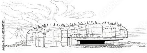 An outline drawing depicts a massive concrete bunker with multiple openings against a stormy sky