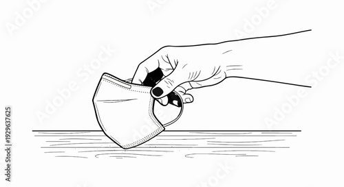 A hand holding a protective mask over a surface with wood grain texture