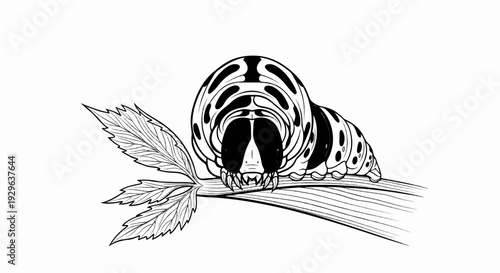 Detailed ink drawing of a black and white caterpillar with large black eye patches resting on a leafy branch