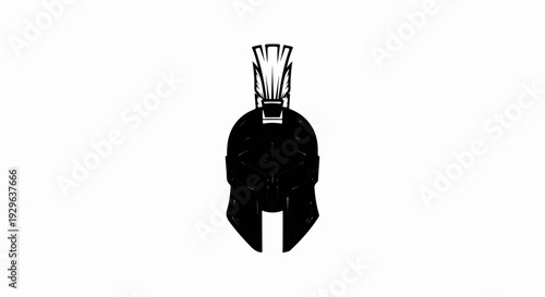 A black, iconic warrior helmet with a feathered crest against a white background