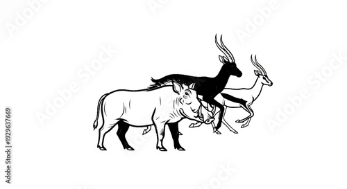 Stylized ink drawing of a running warthog with two antelopes in the background