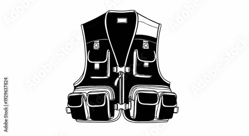 A black and white line drawing of a utility vest with multiple pockets