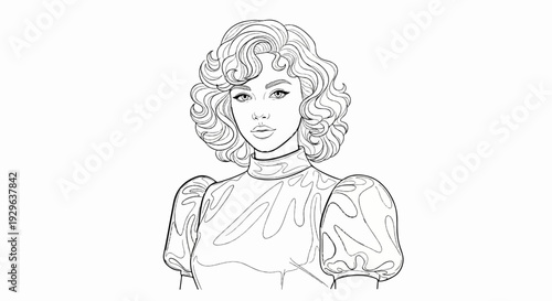 A stylized black and white line drawing of a woman with curly hair and dramatic sleeves
