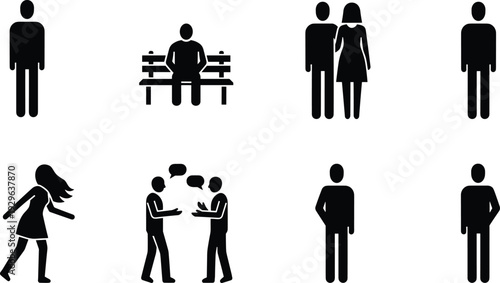 People silhouette icon collection featuring individuals, couple, walking woman, conversation and social interaction poses representing human lifestyle and communication concepts