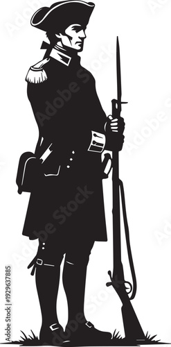 Continental army soldier with musket standing pose silhouette vector illustration line art