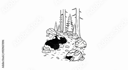A forest floor scene with pine trees, scattered rocks, and fallen leaves