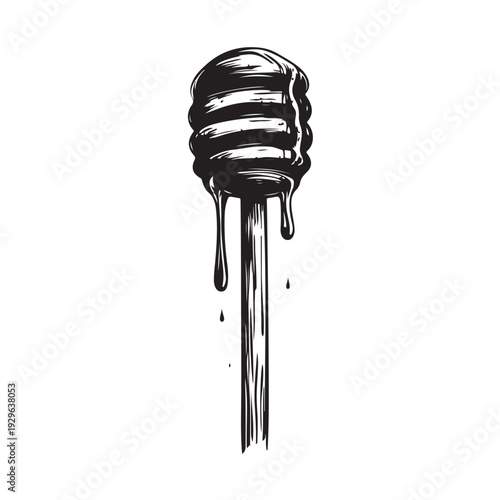 a honey dipper dripping sweet golden syrup into a pool below 