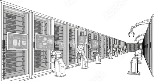 Robotic arms service a long aisle of server racks with digital displays