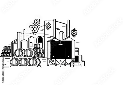 Brewery equipment with stacked barrels, grapes, and hops