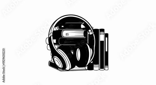 A stack of books is partially covered by a pair of headphones