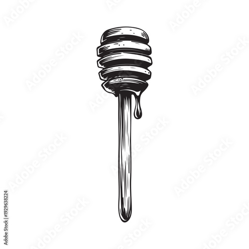 a honey dipper dripping sweet golden syrup into a pool below 