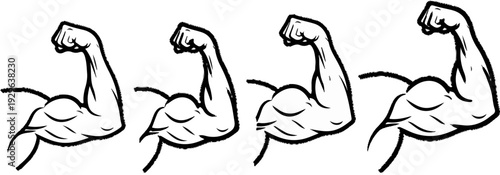 A row of four identical black and white line drawings of a flexed bicep