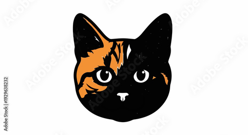 A stylized black and orange cat face with large white eyes and white nose