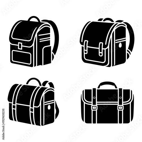 A clean grid of four distinct black silhouette school bags or satchels