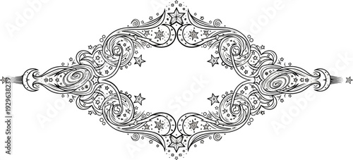 Ornate, abstract, decorative border with stars, swirls, and crescent moons, evoking celestial energy
