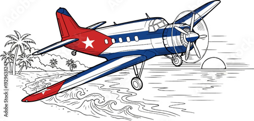 A vintage propeller plane with Cuban flag colors flies over a tropical beach at sunset