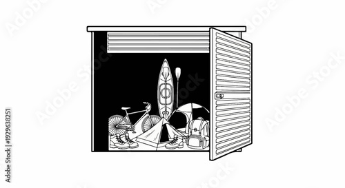 Open storage unit filled with outdoor recreational equipment