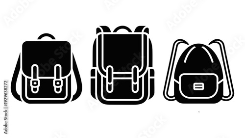 Three distinct black silhouette icons showcasing various styles of modern backpacks