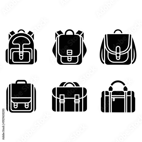 A set of six simple black silhouette icons depicting different styles of modern backpacks and satchels.