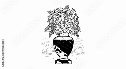 A detailed black and white illustration of a vase filled with flowers