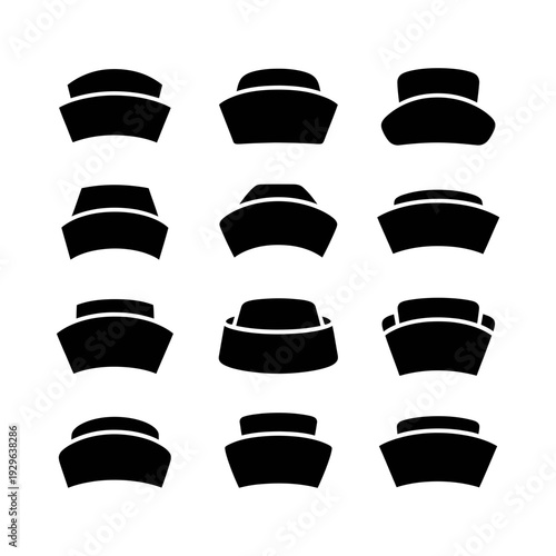 A detailed collection of twelve black silhouette icons representing different styles of classic sailor hats.