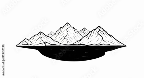 Stylized black and white graphic of jagged mountains reflected in dark water