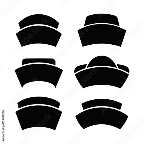 Six elegant black silhouette icons showcasing various classic designs of traditional sailor hats.