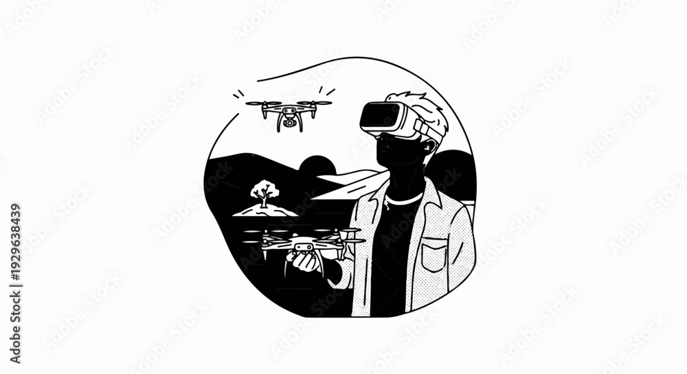 Obraz premium Person in VR headset controlling drones over a stylized landscape