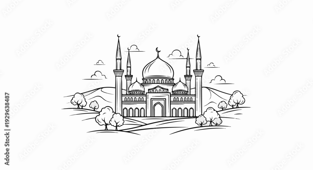Fototapeta premium Stylized sketch of an ornate mosque with domes and minarets, amidst rolling hills and trees